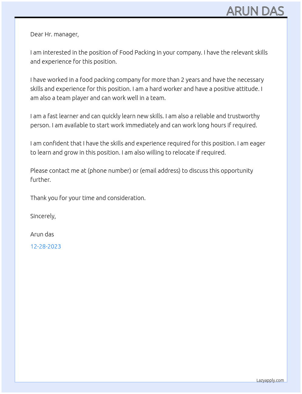 Food Packing  At Food Packing company  Cover Letter