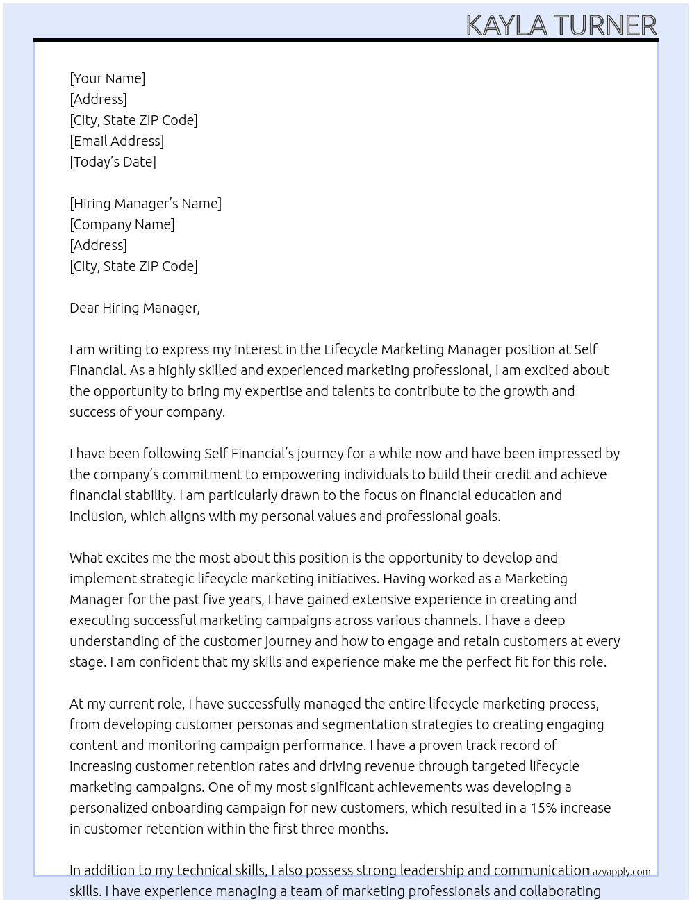 Lifecycle Marketing Manager At Self Financial Cover Letter