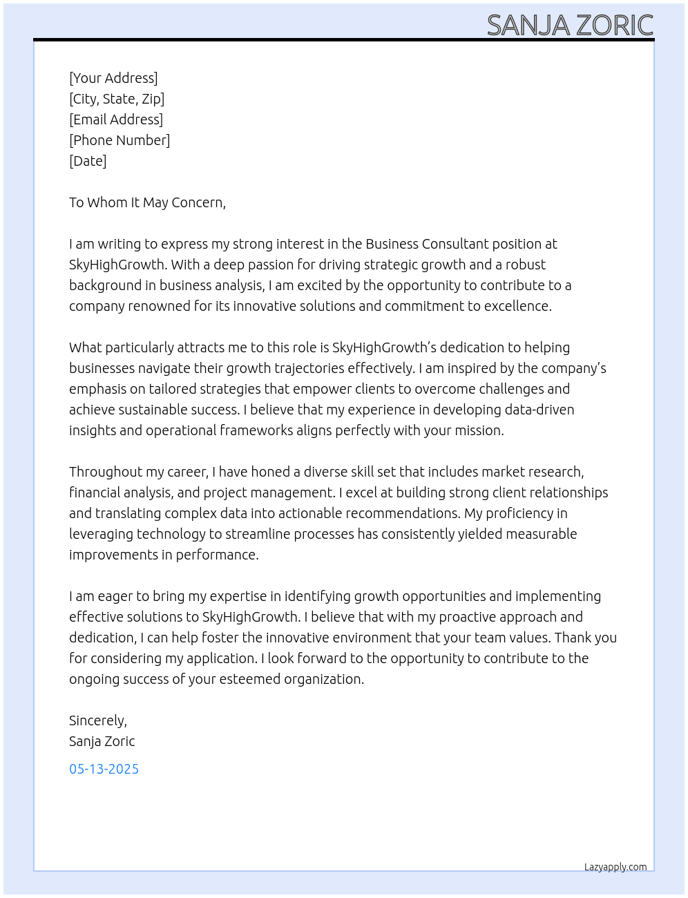 Business Consultant At SkyHighGrowth Cover Letter
