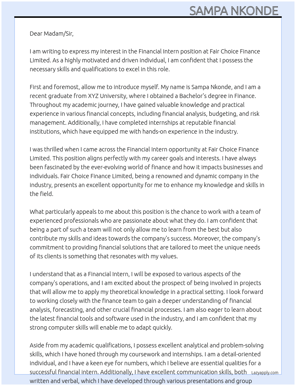 Financial intern At Fair Choice Finance limited Cover Letter