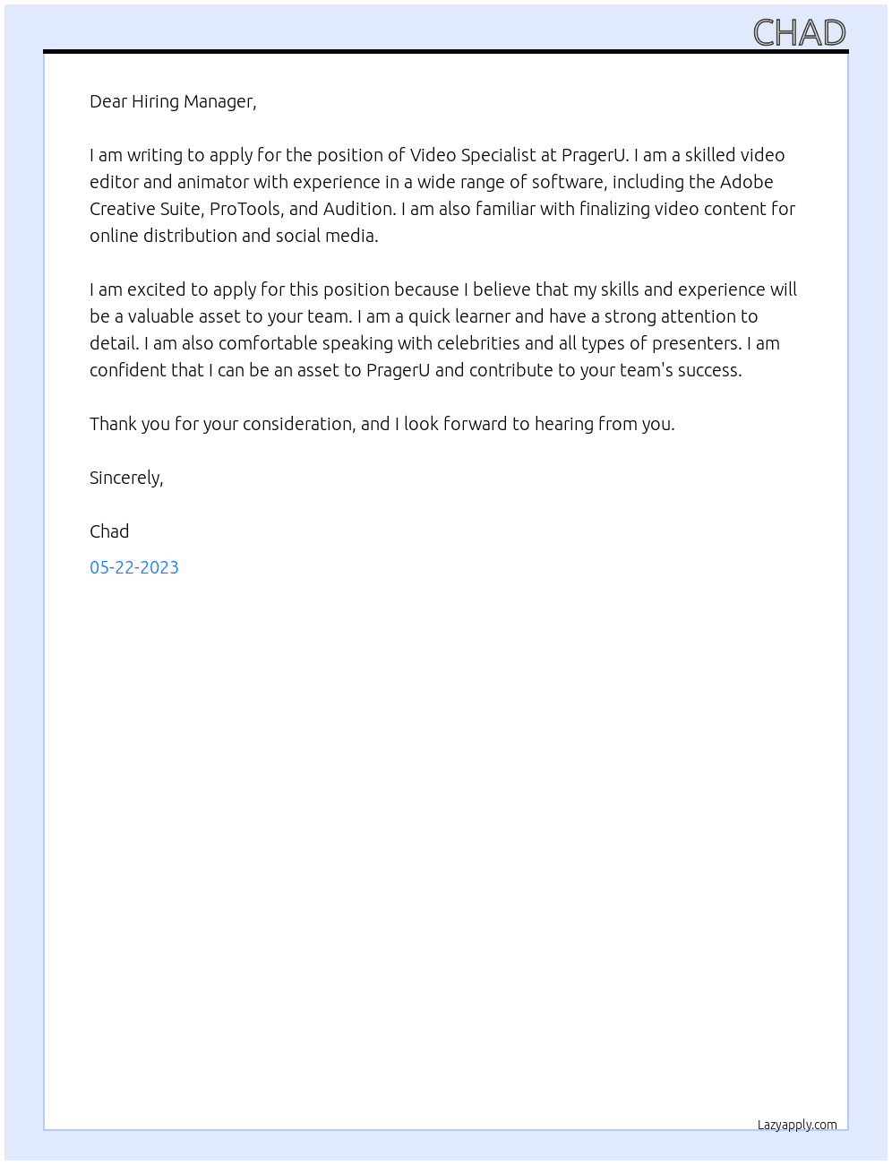 Video Specalist  At PragerU Cover Letter