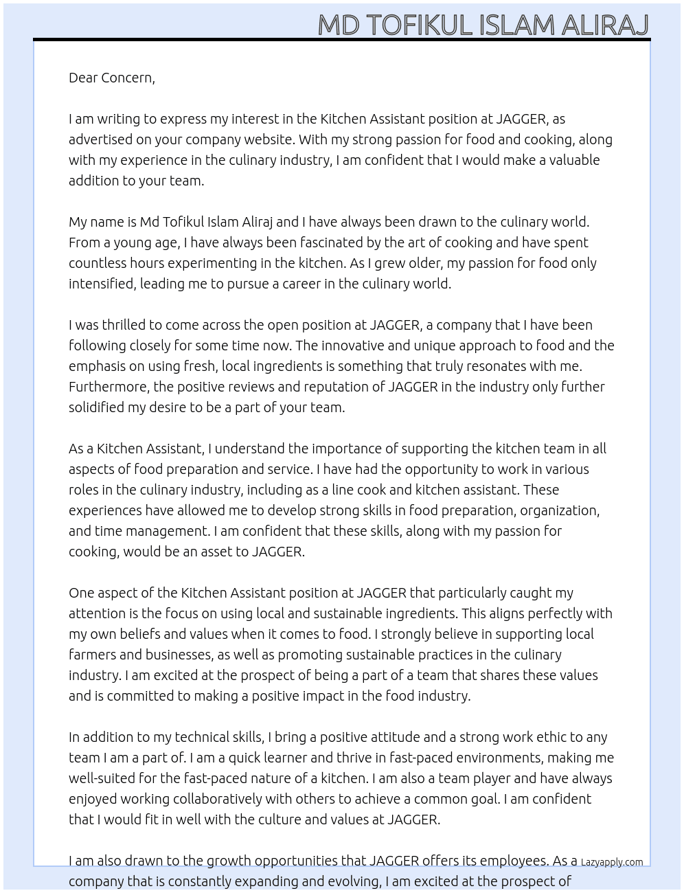 Kitchen Assistant At JAGGER Cover Letter