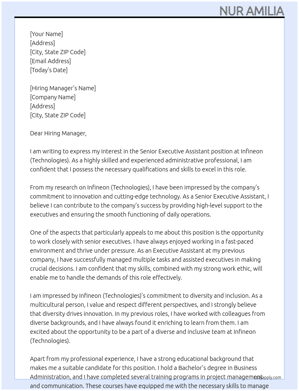Senior Executive Assistant At Infineon (Technologies) Cover Letter