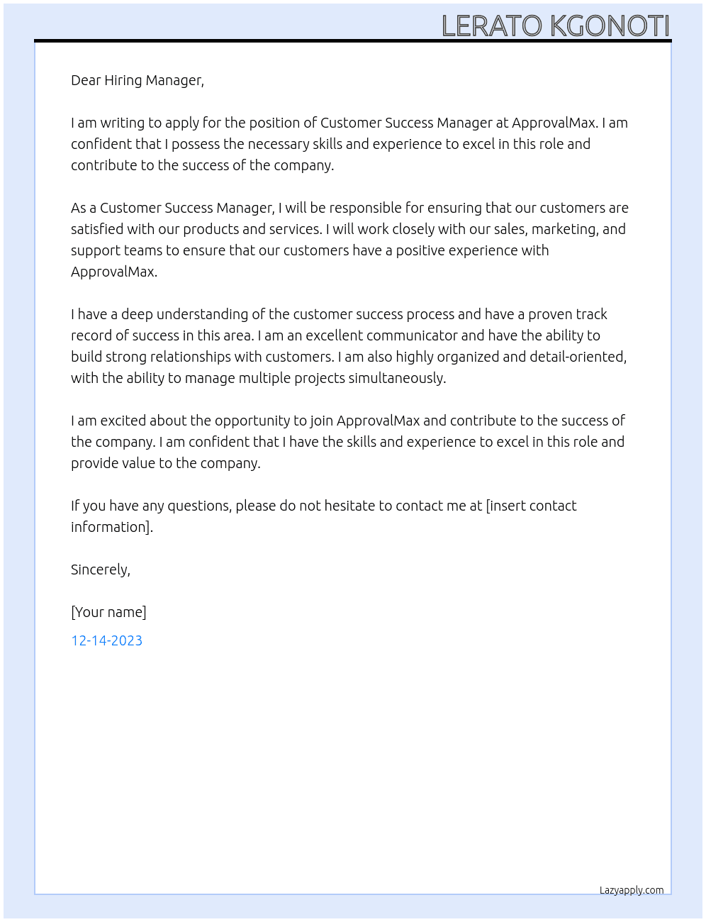 Customer Success Manager At ApprovalMax Cover Letter