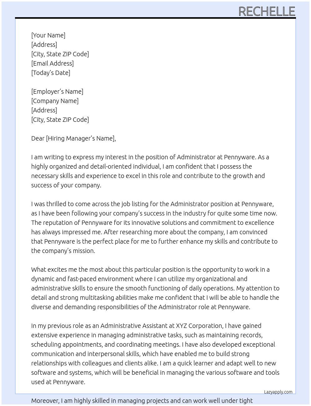 administrator  At pennyware  Cover Letter