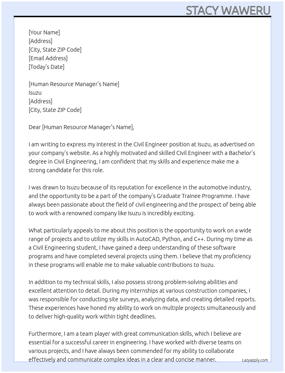 Civil Engineer At Isuzu Cover Letter