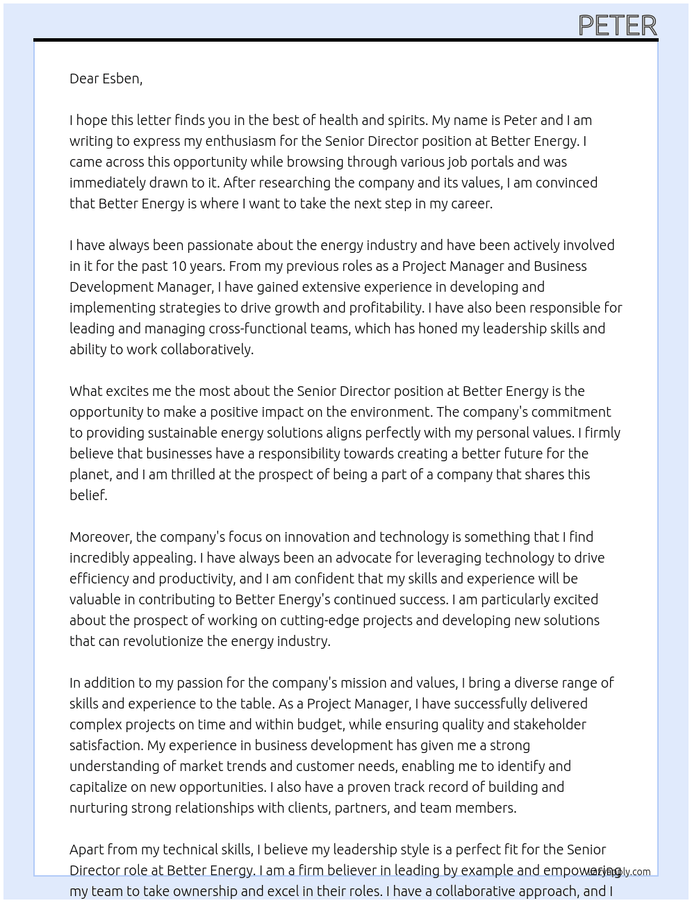 Senior Director At Better Energy Cover Letter