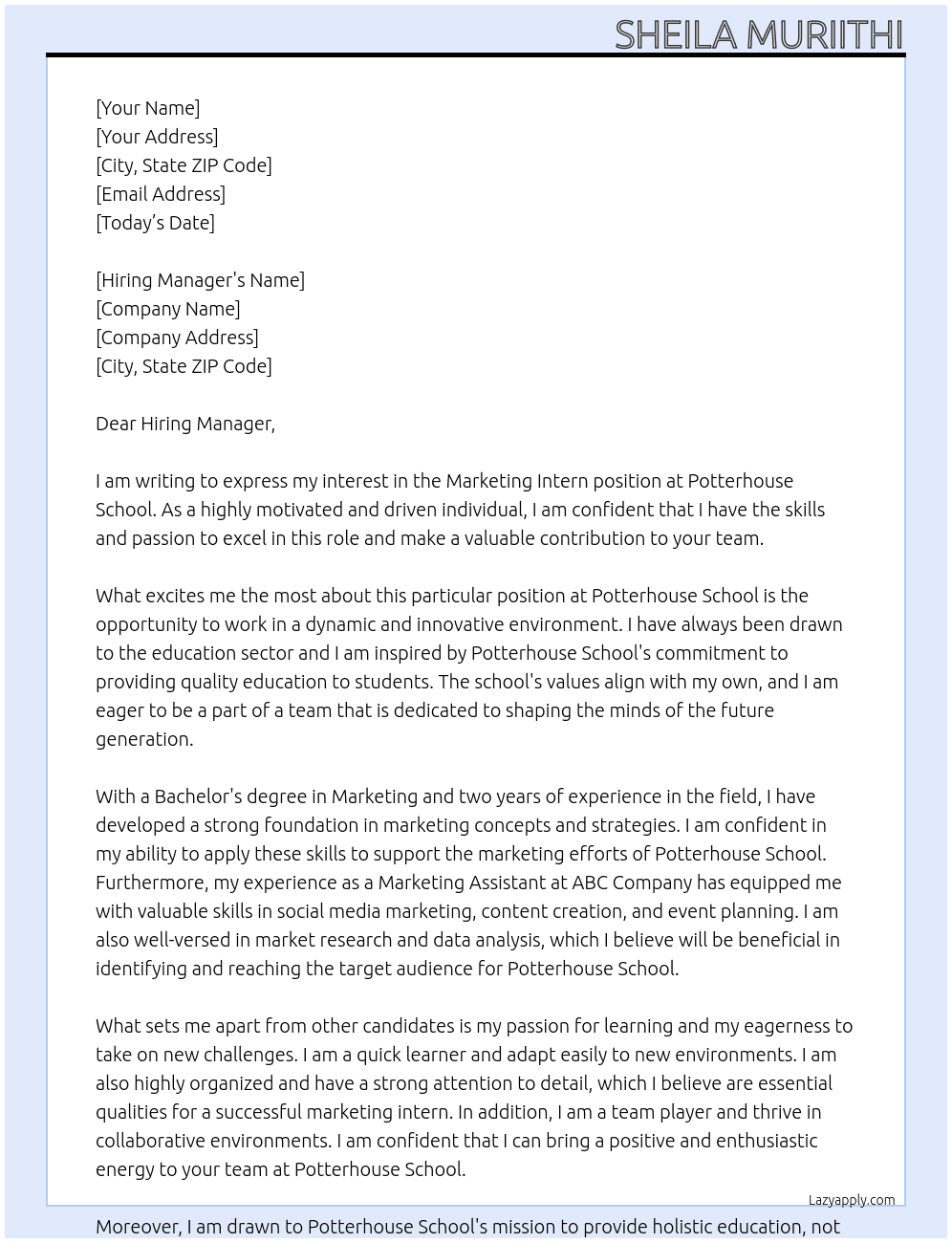 marketing intern At Potterhouse school Cover Letter