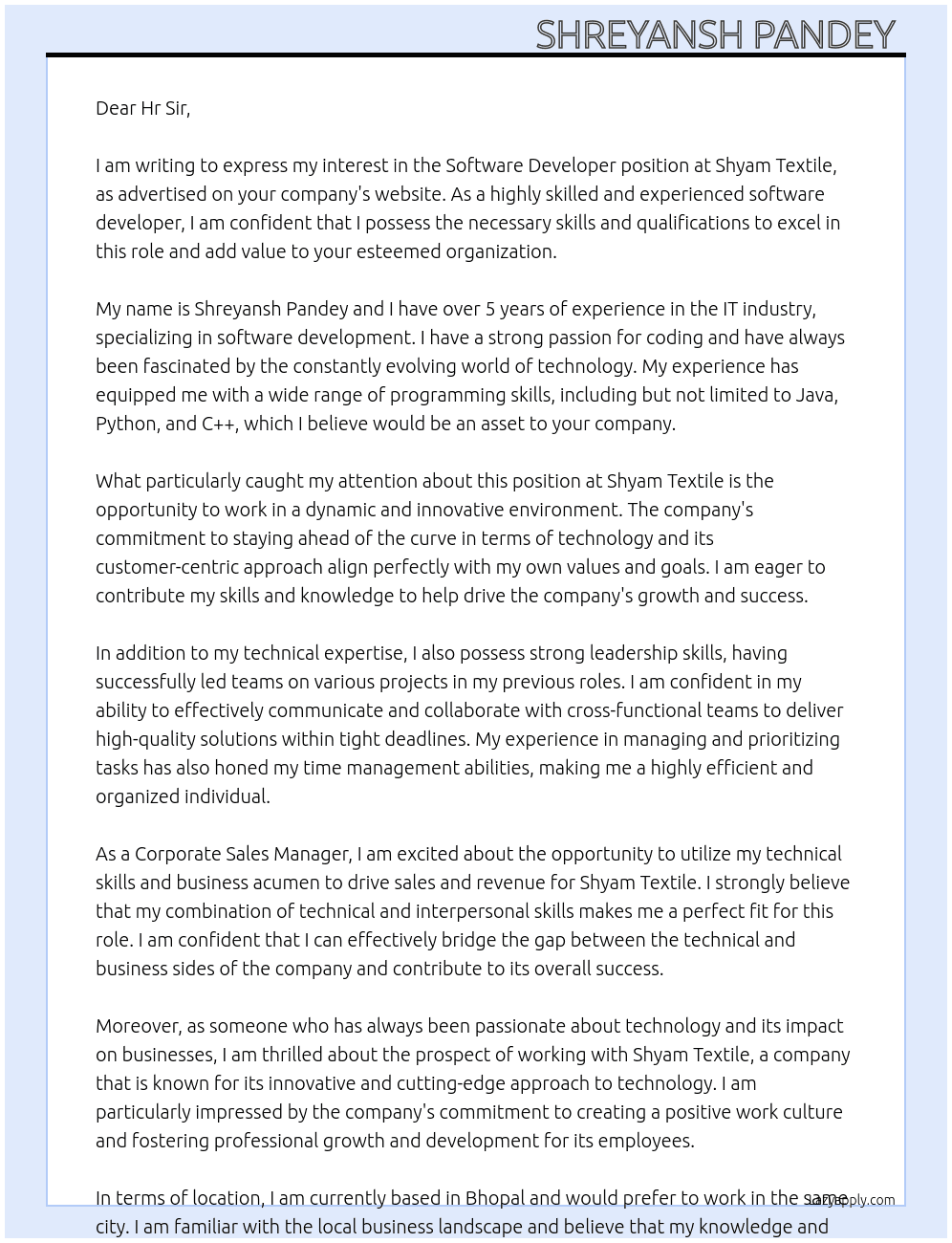Software developer  At Shayam Textile  Cover Letter