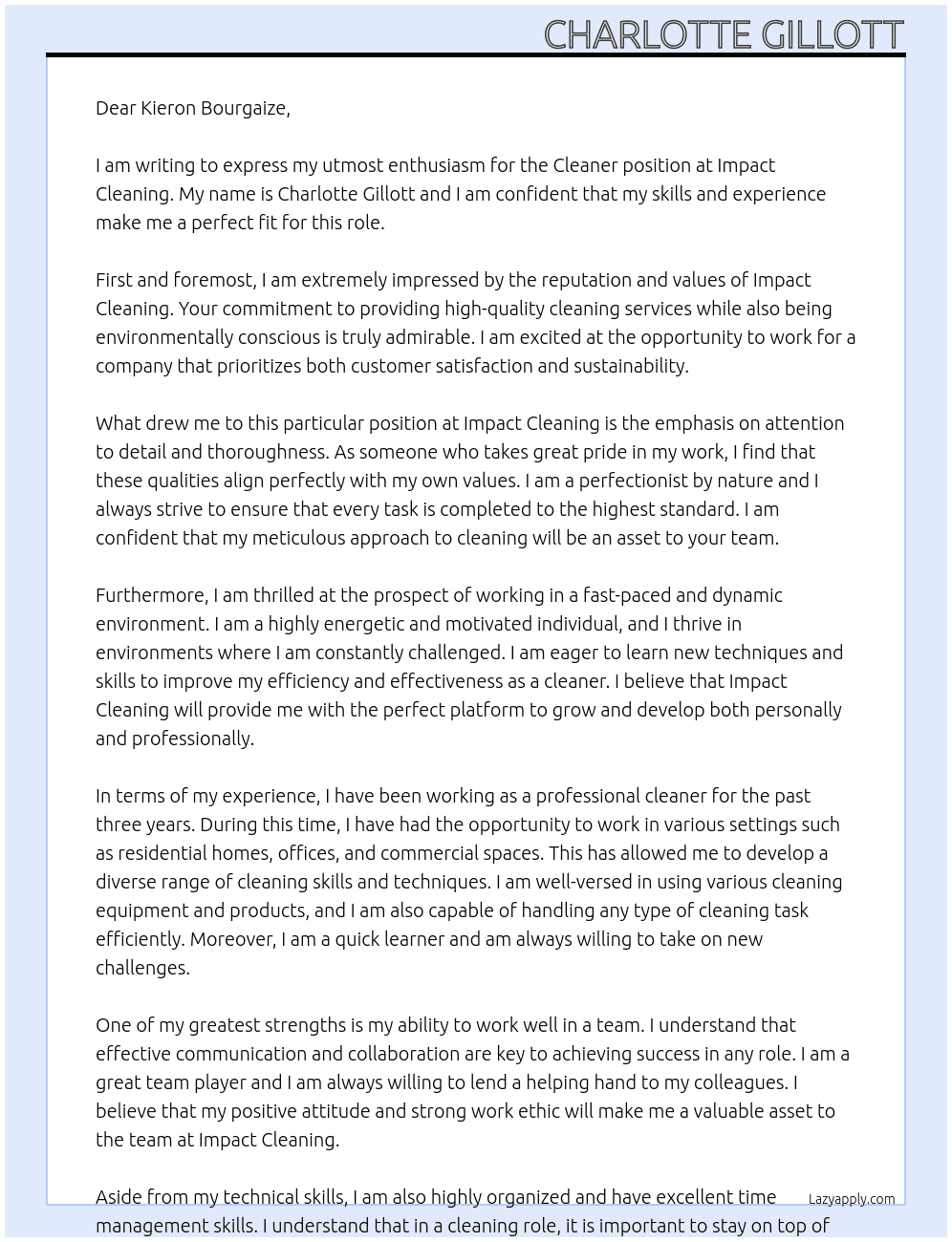 Cleaner  At Impact cleaning Cover Letter