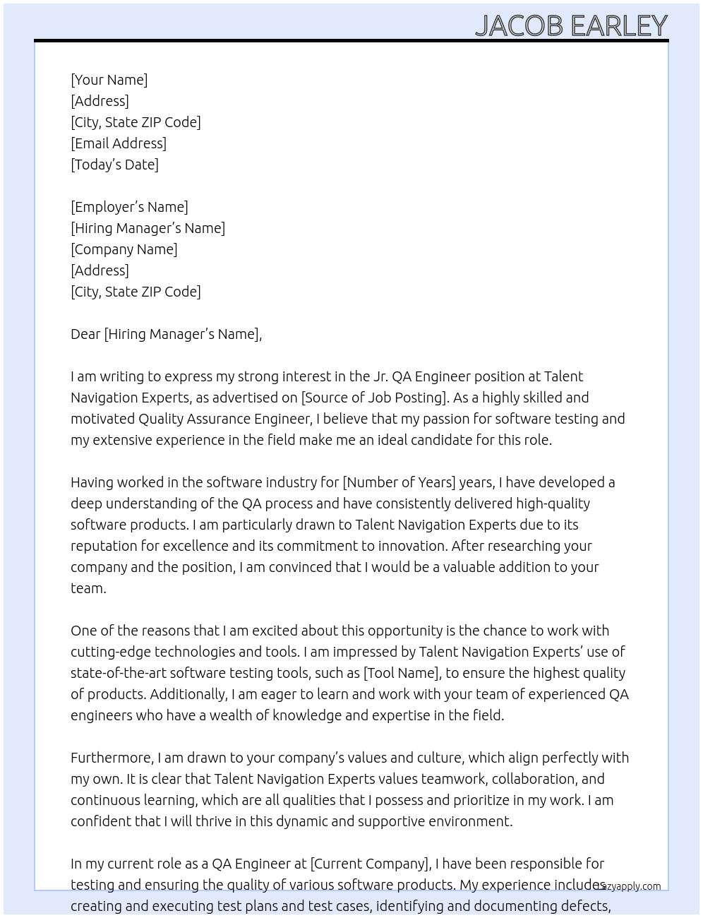 Jr. QA Engineer At Talent Navigation Experts Cover Letter