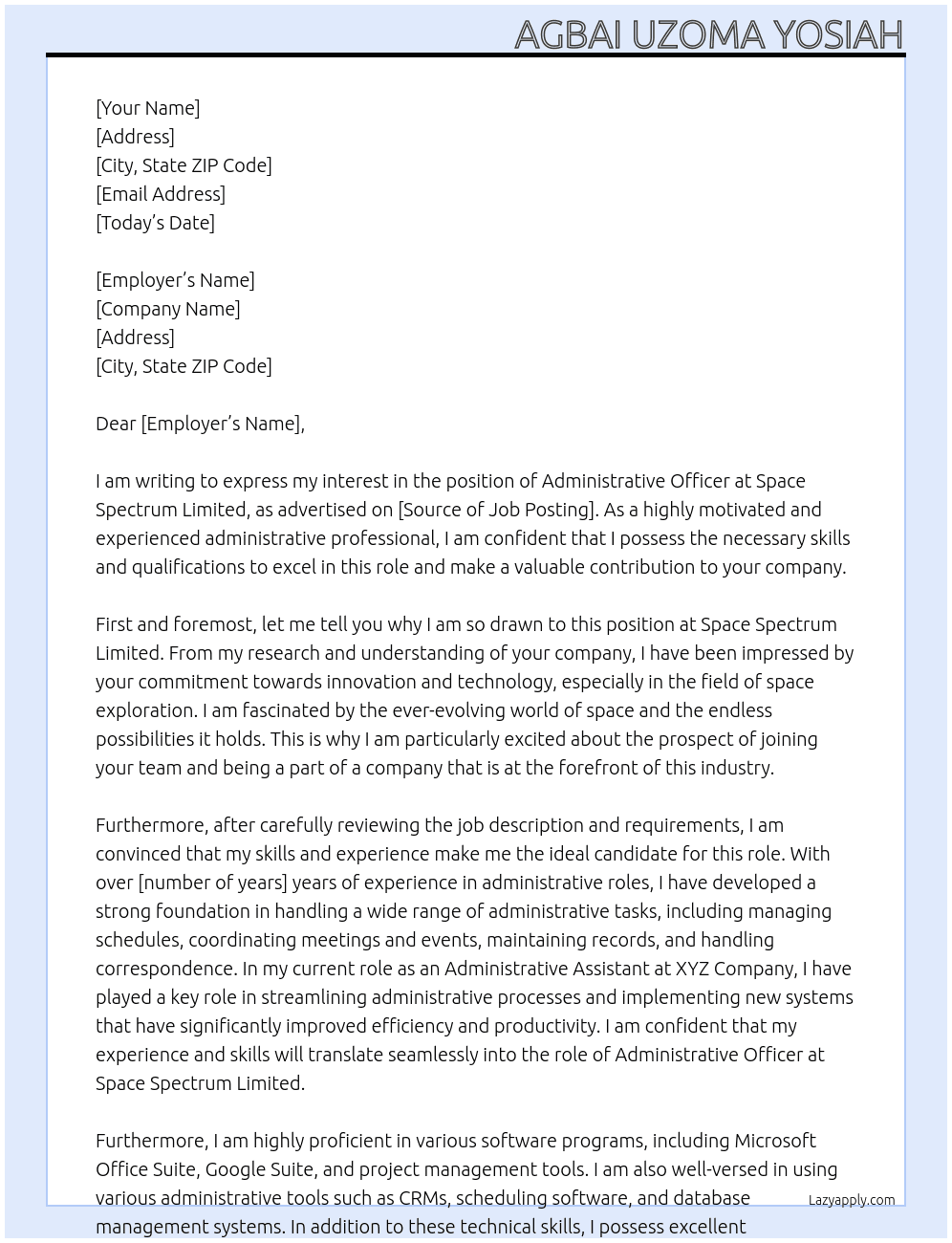 Administrative officer At Space Spectrum Limited Cover Letter