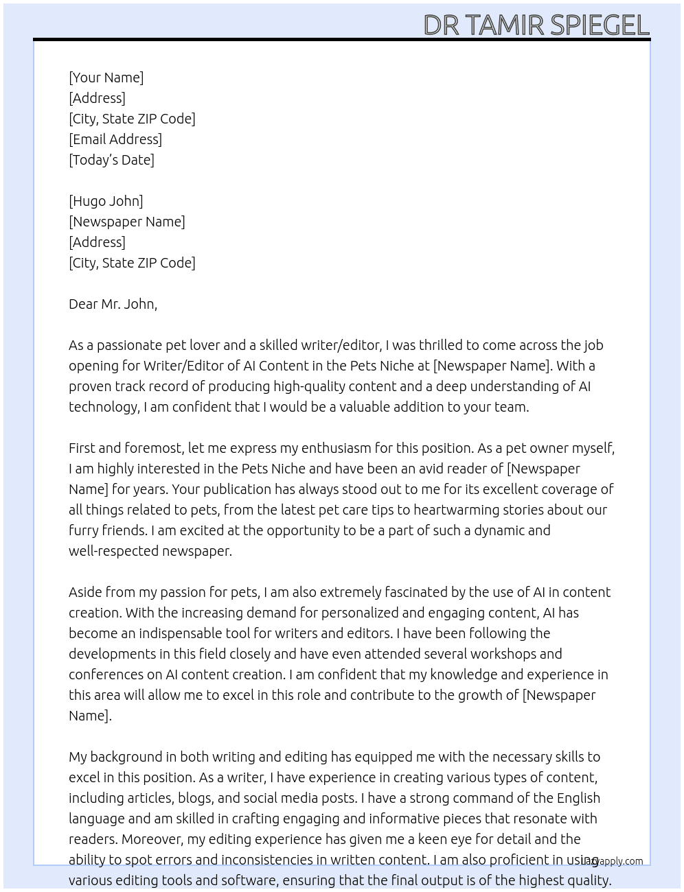 Writer/Editor of AI Content - Pets Niche At newspaper Cover Letter