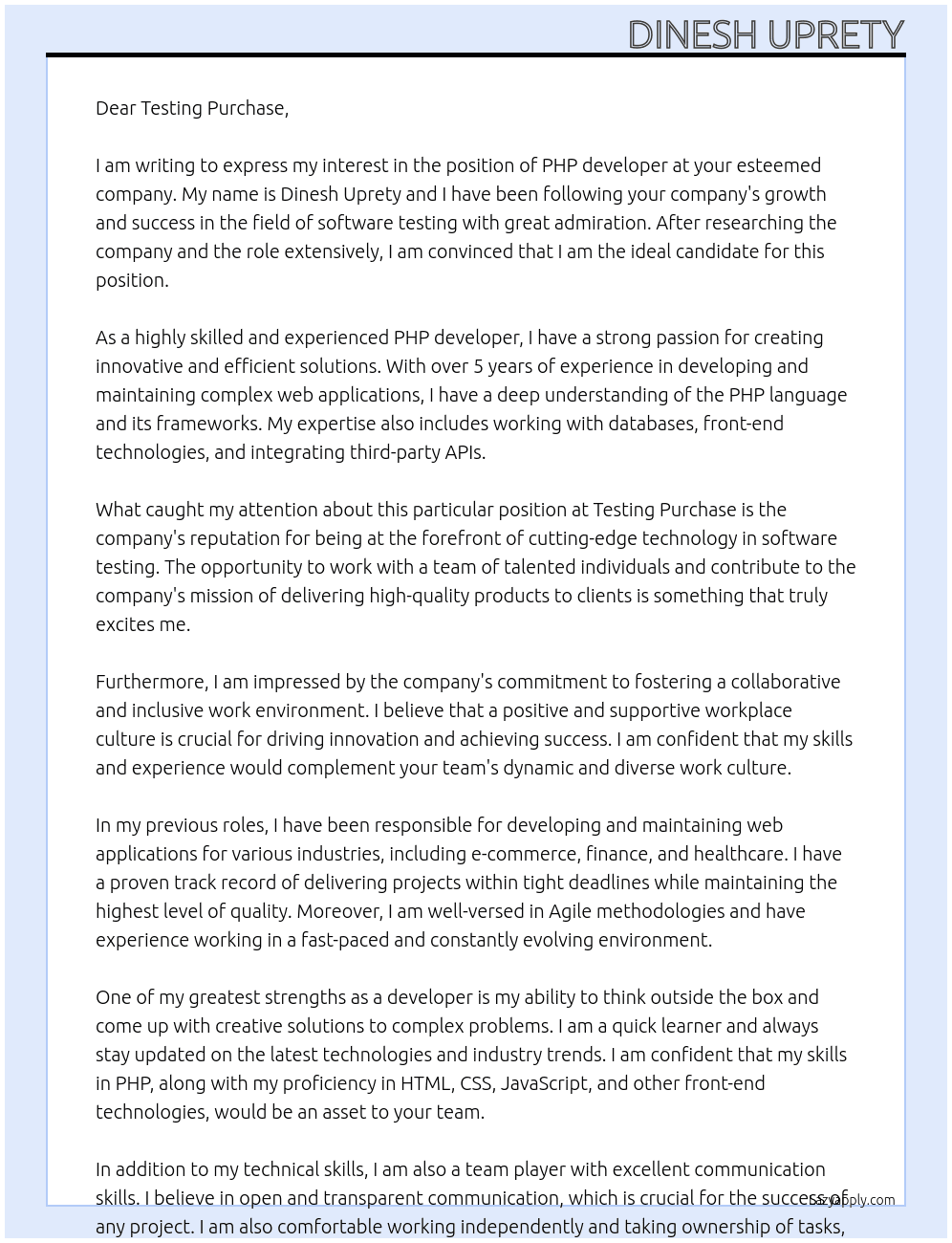 PHP developer At Testing purchase Cover Letter