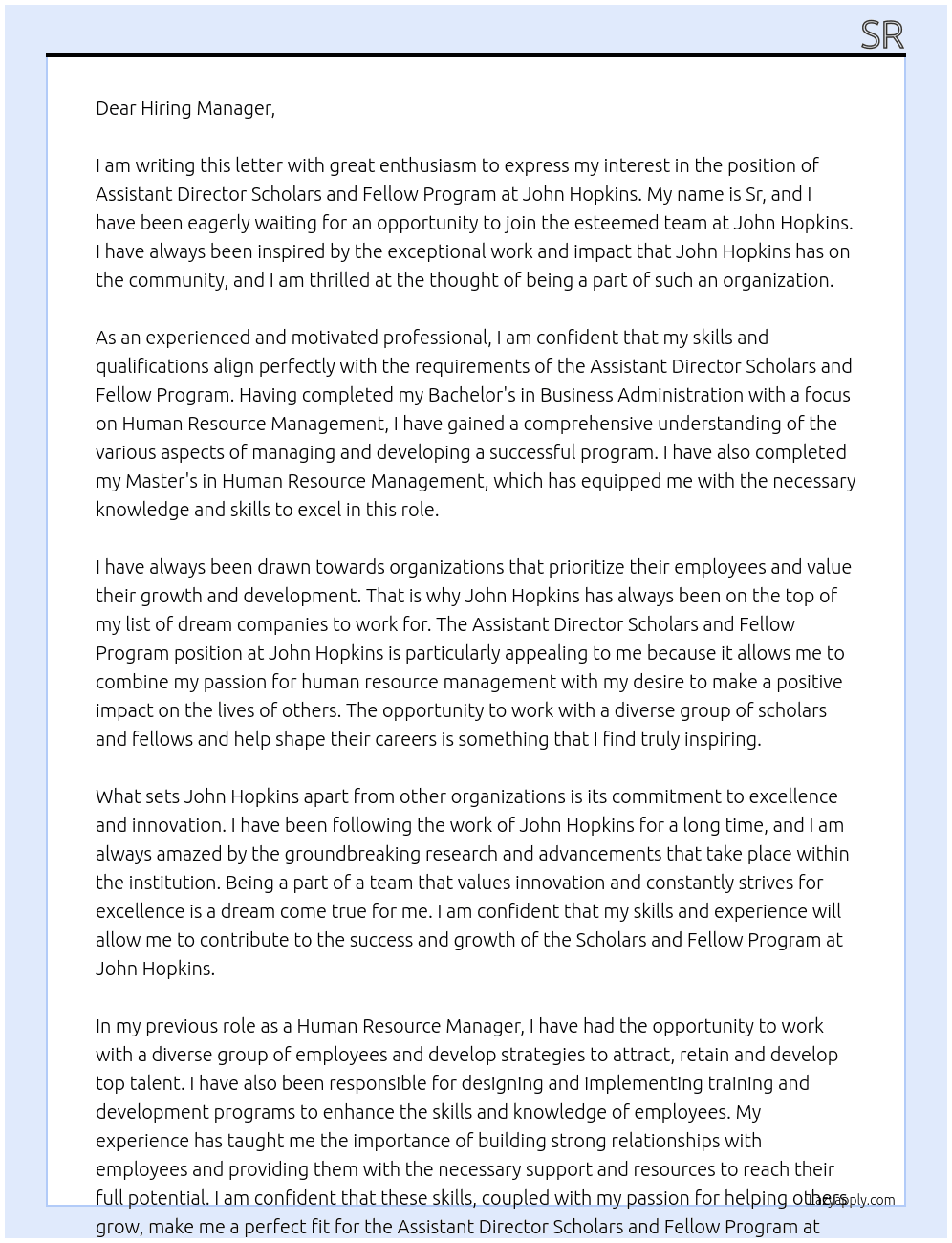 Assistant Director Scholars and Fellow Program At John Hopkins  Cover Letter