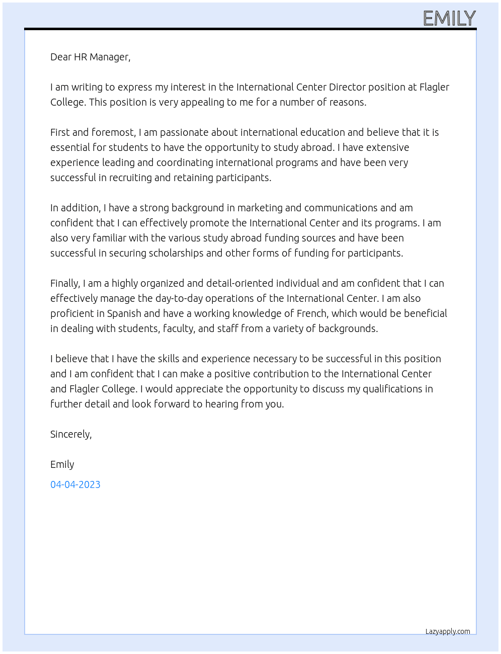 International Center Director At Flagler College Cover Letter