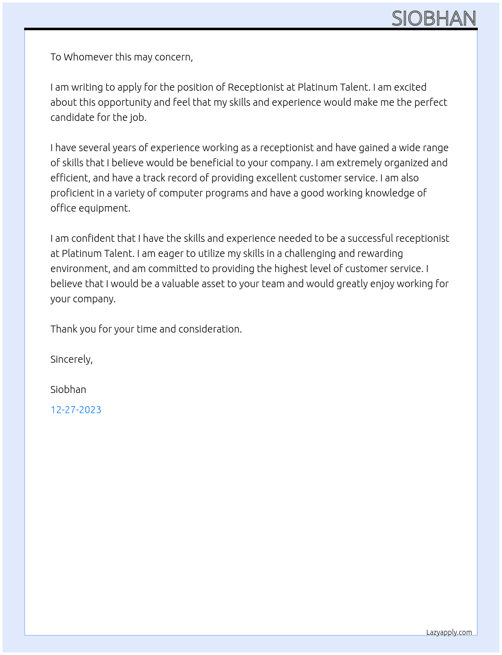 Receptionist At Platinum Talent Cover Letter