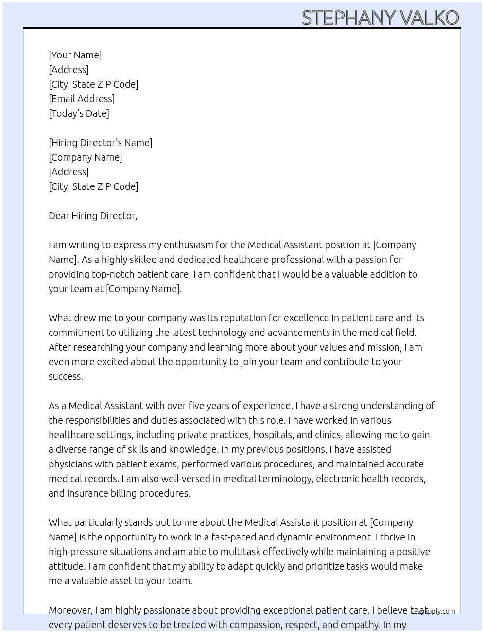 Medical Assistant At Doctors office Cover Letter