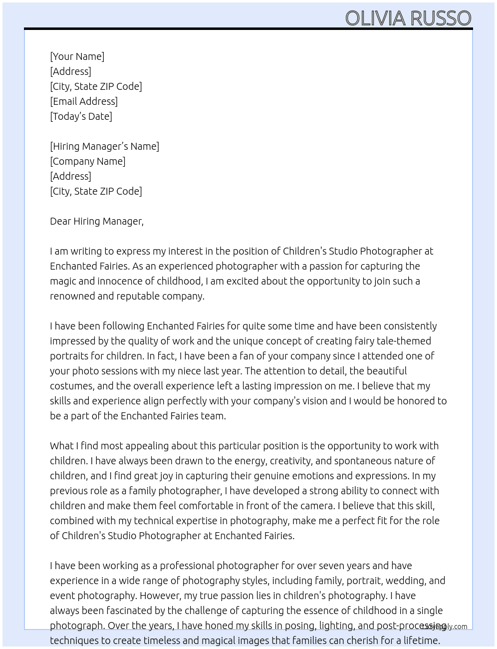 Children's Studio Photographer At Enchanted Fairies Cover Letter