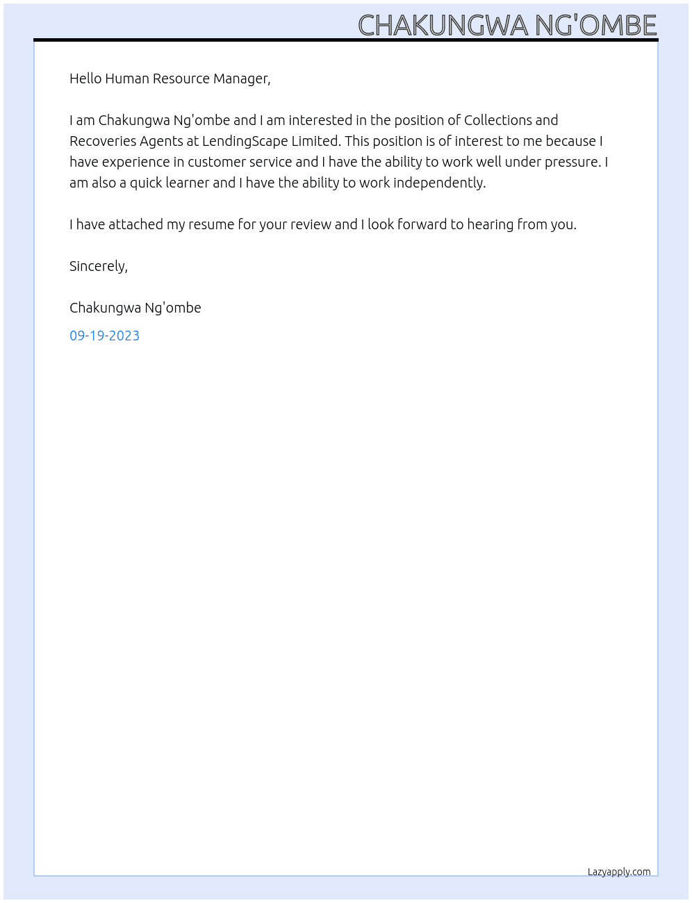Collections and Recoveries Agents  At LendingScape Limited Cover Letter