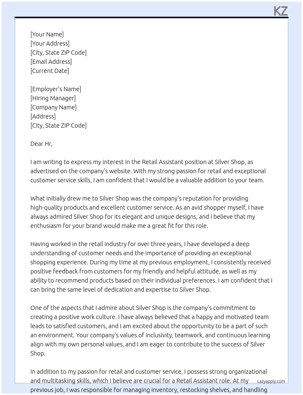 Retail assistant  At Silver shop Cover Letter