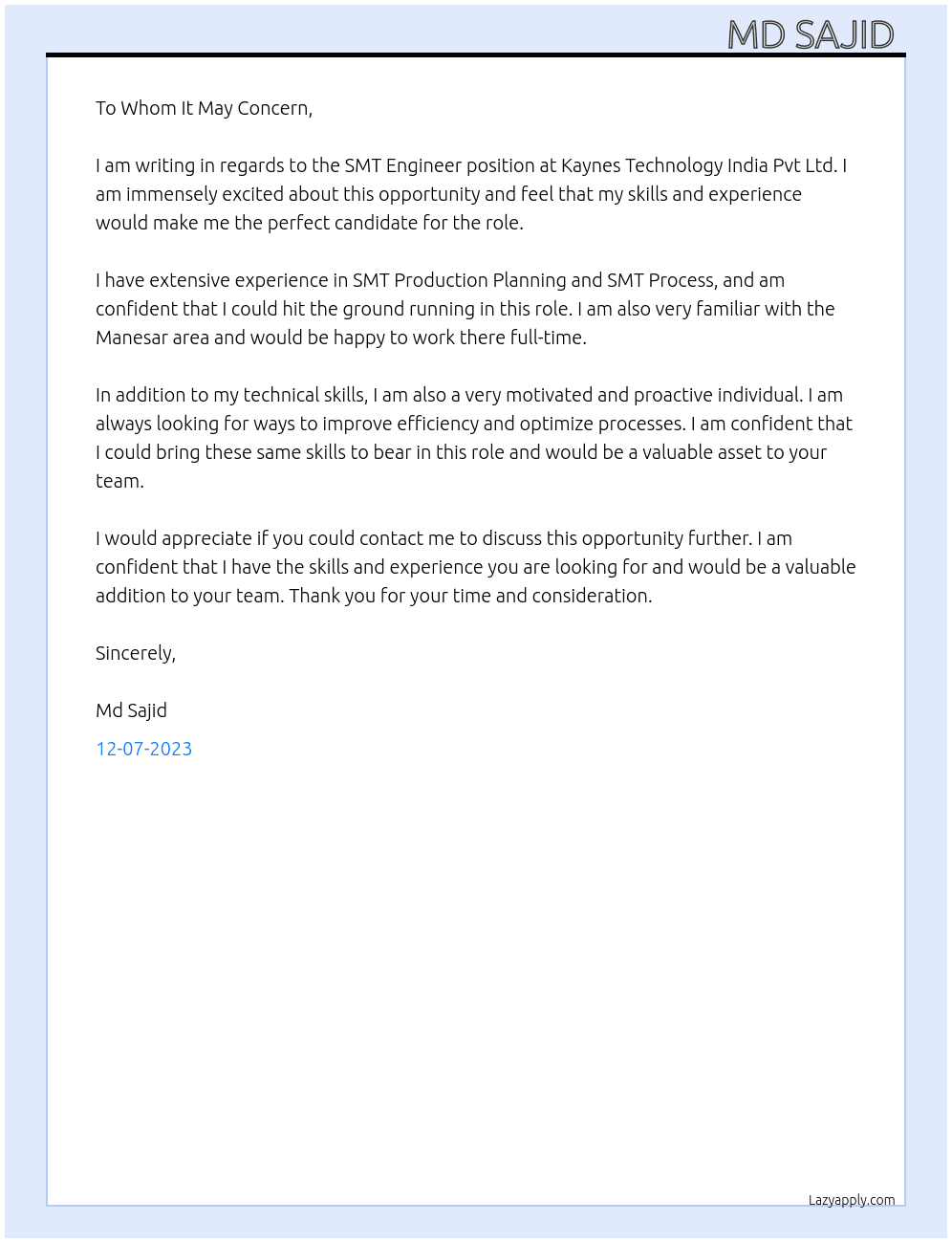 SMT Engineer  At Kaynes Technology India Pvt Ltd  Cover Letter