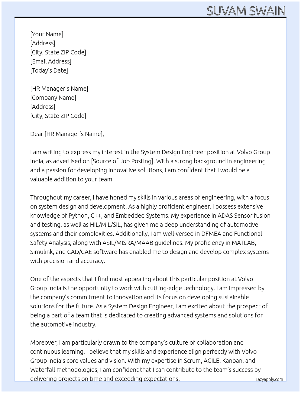 System Design Engineer At Volvo Group India Cover Letter