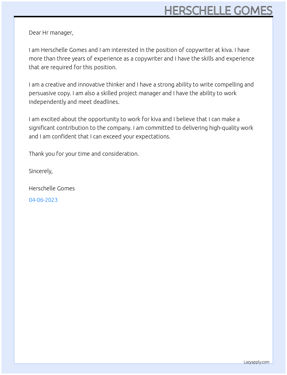 Copy writer At kiva Cover Letter