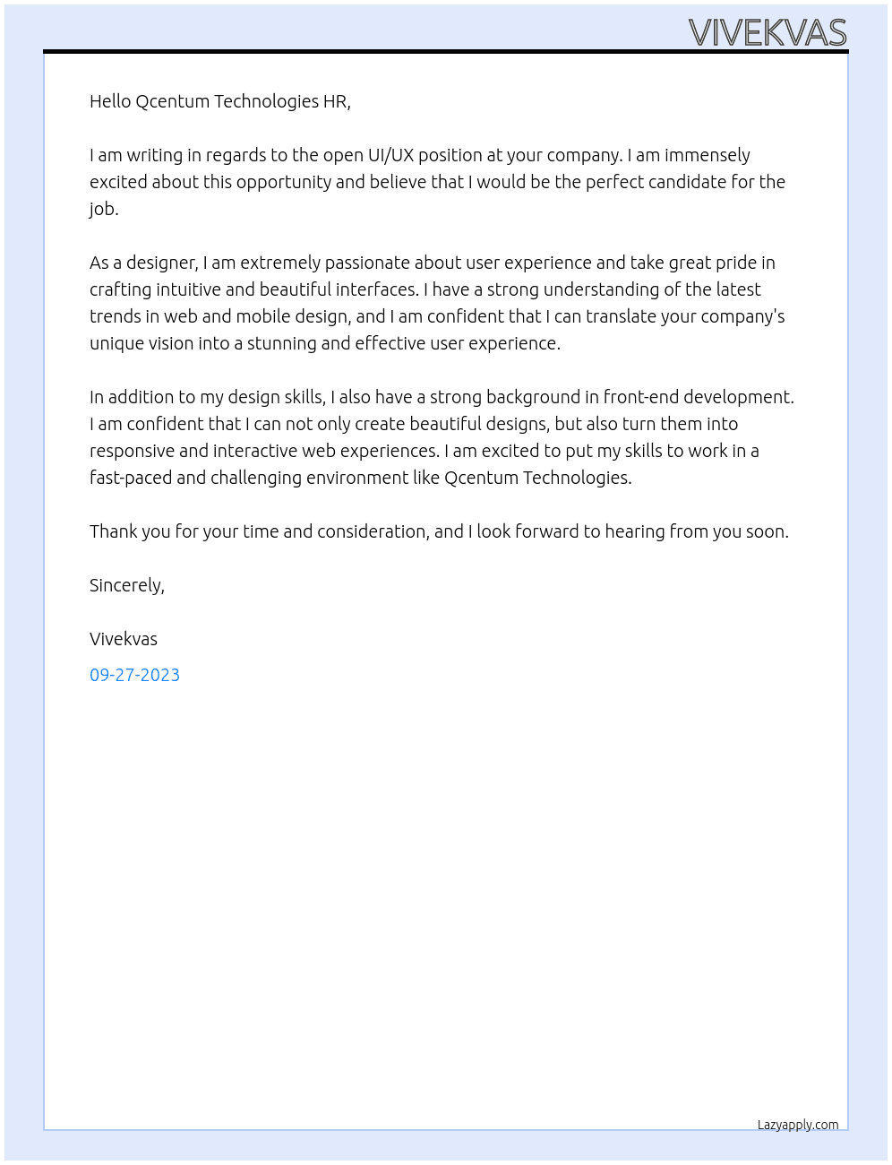 UI UX At Qcentum Technologies Cover Letter