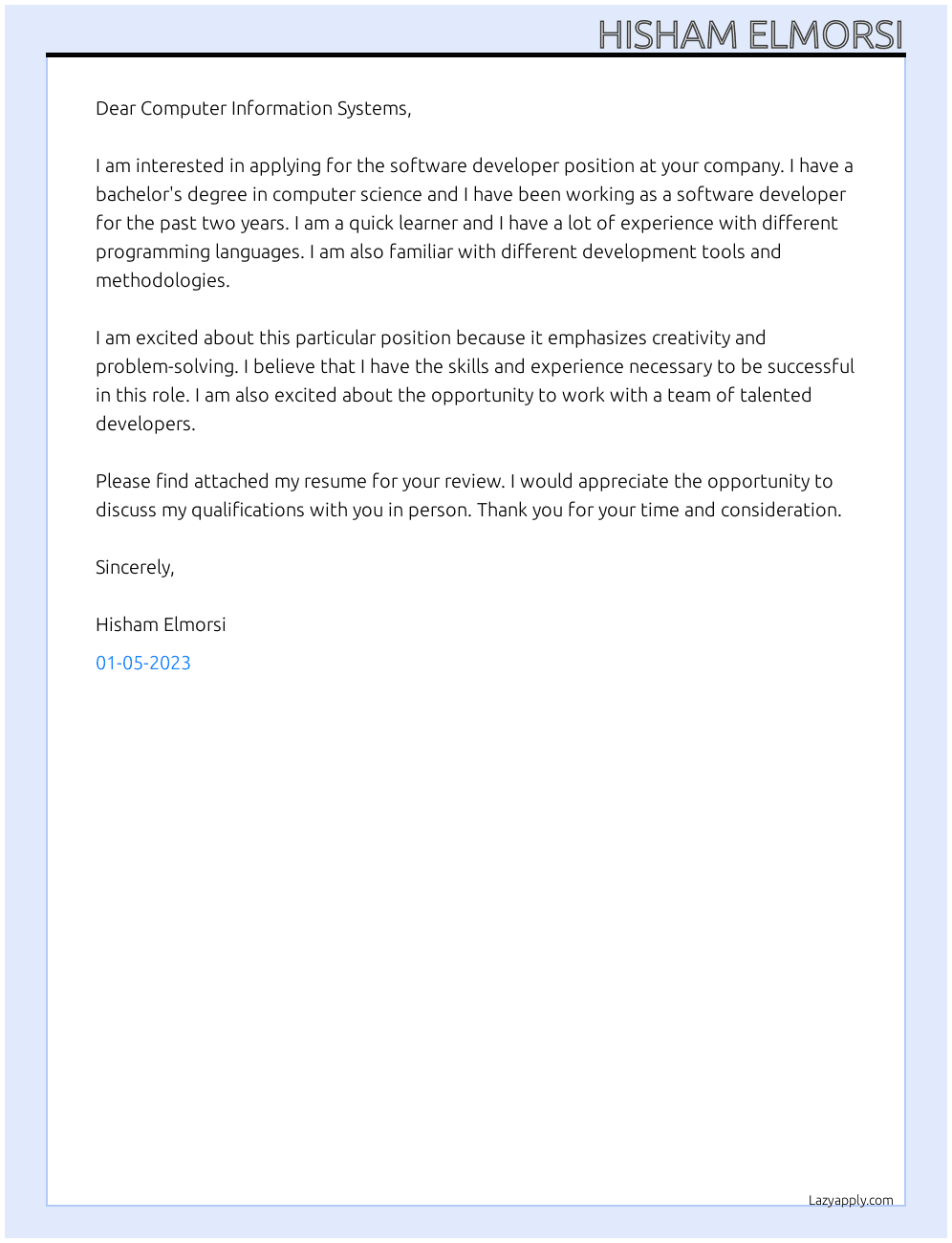 software developer At Computer Information Systems Cover Letter