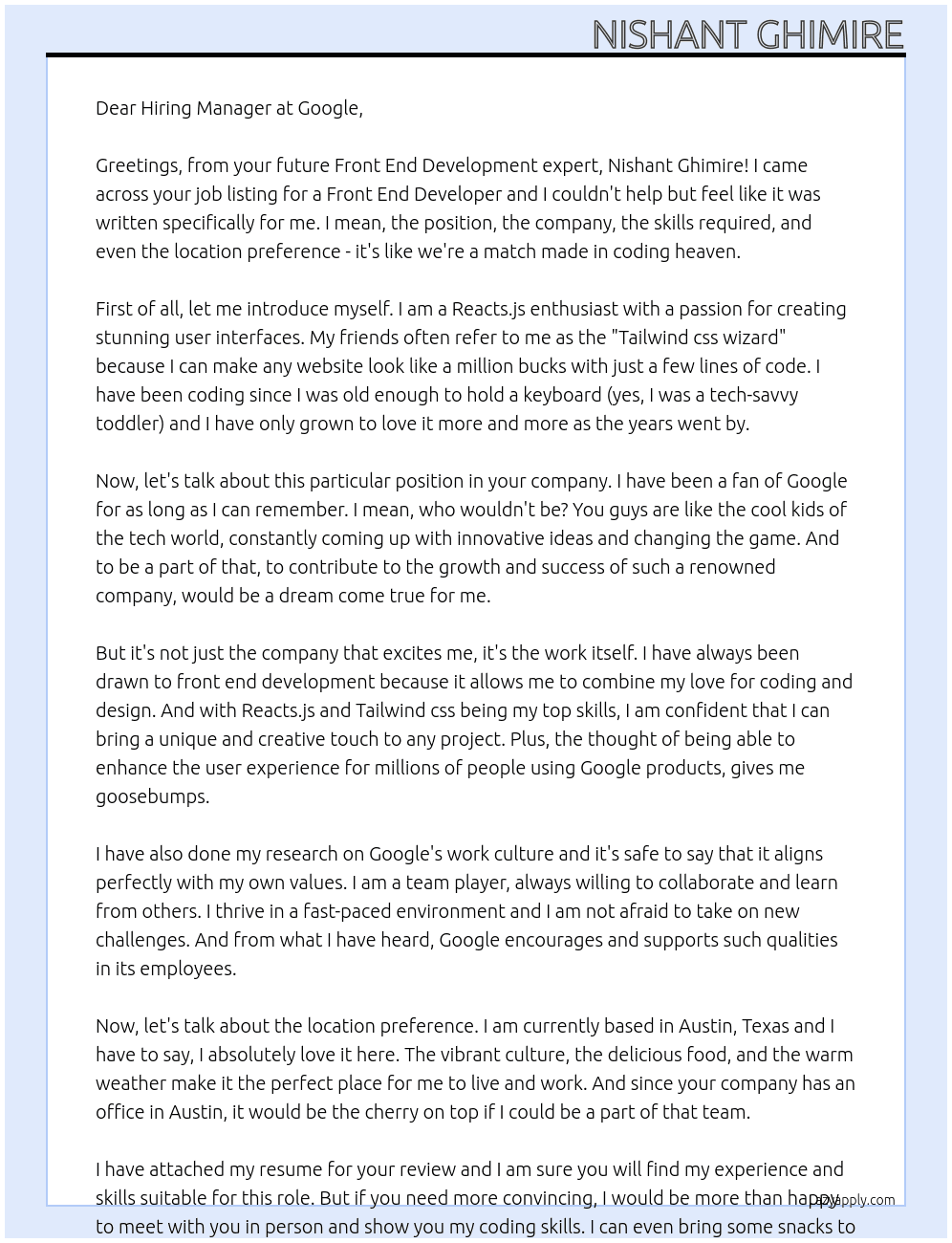 Front End Development At Google Cover Letter