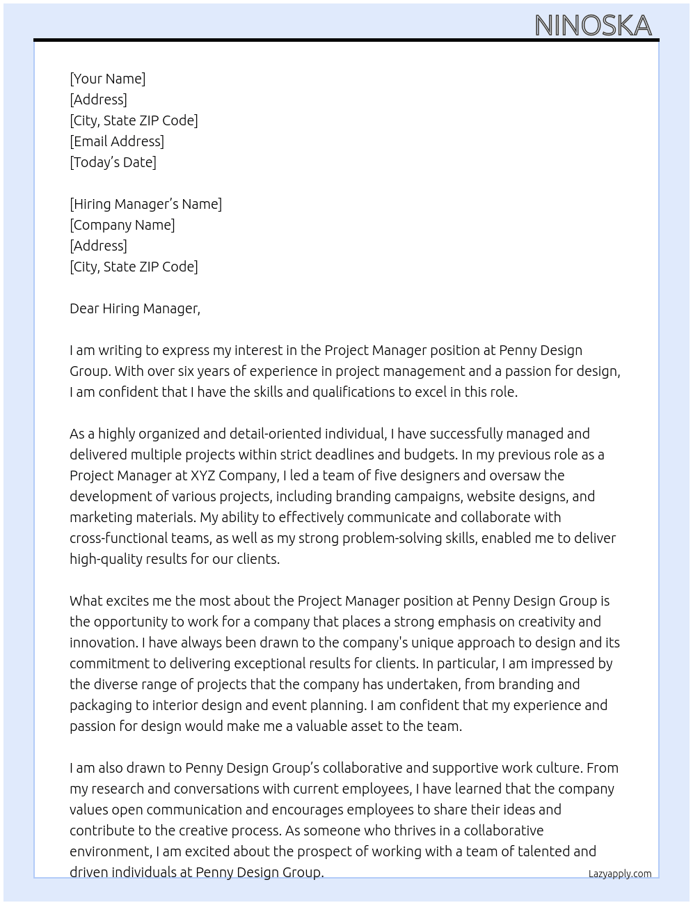 Project Manager At Penny Design Group Cover Letter