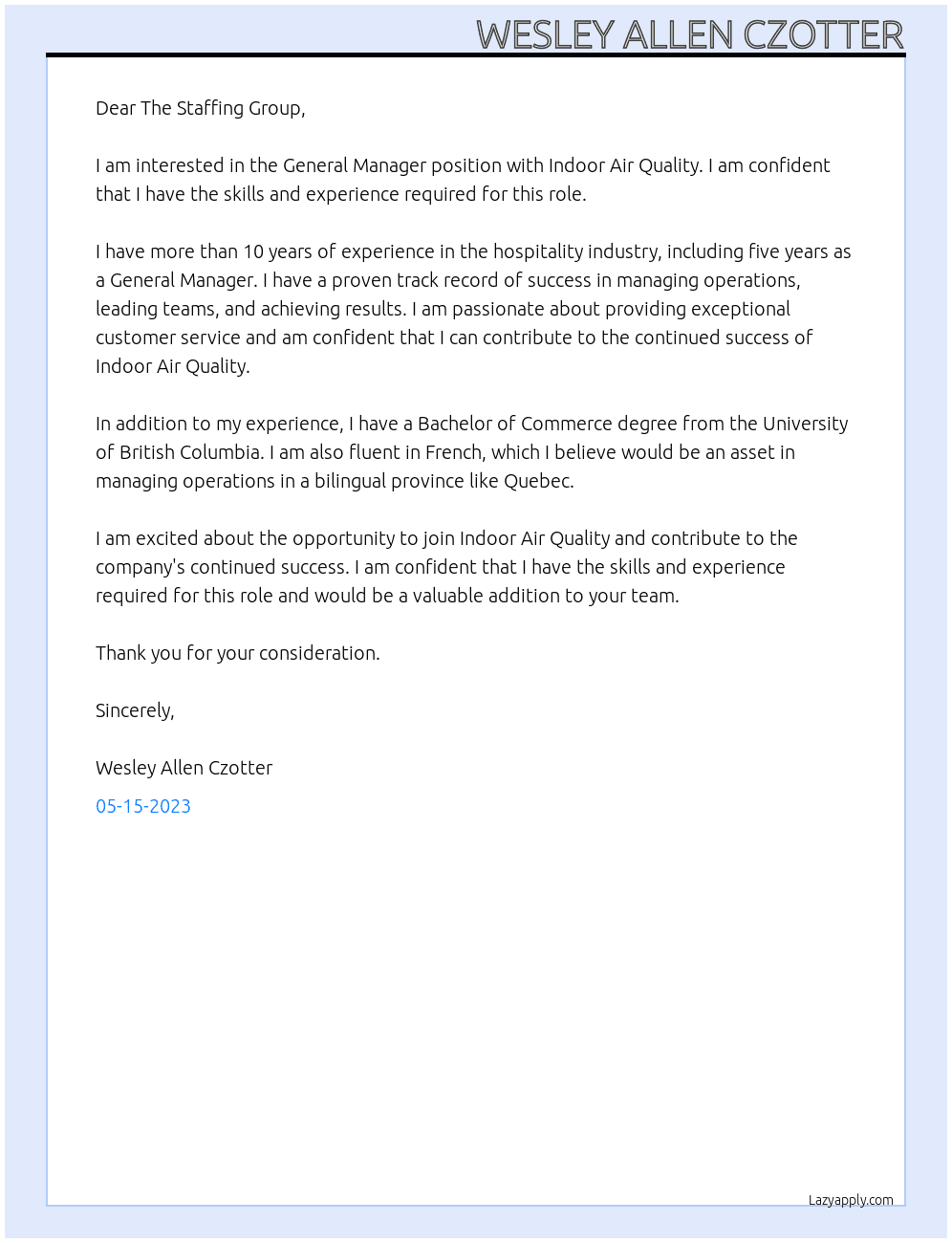 General Manager At Indoor Air Quality Cover Letter