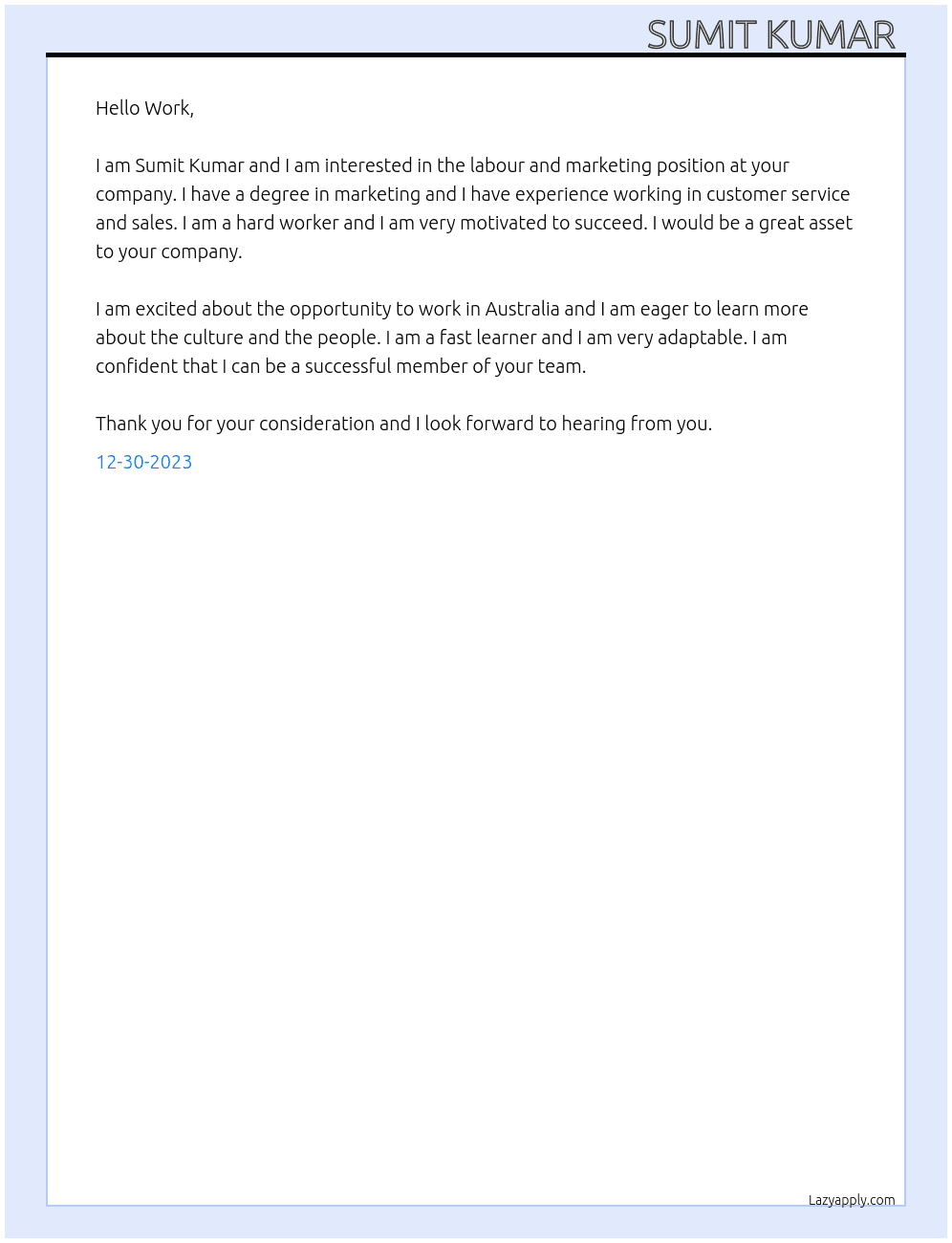 Labour and marketing  At Australia company  Cover Letter