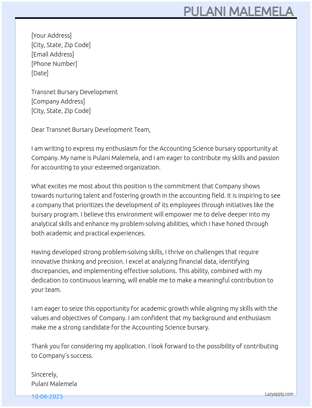 Cover letter for accounting science - LazyApply