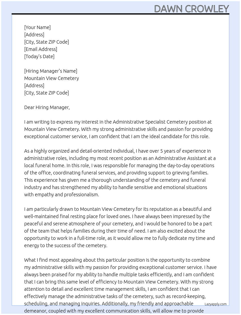 Administative Specialist Cemetery  At Mountain View Cemetery  Cover Letter