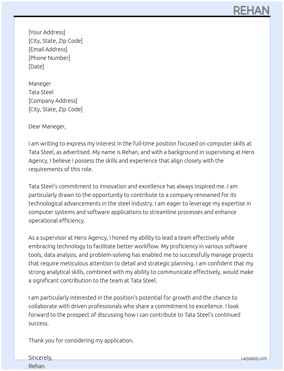 computer skills  At tata steel  Cover Letter