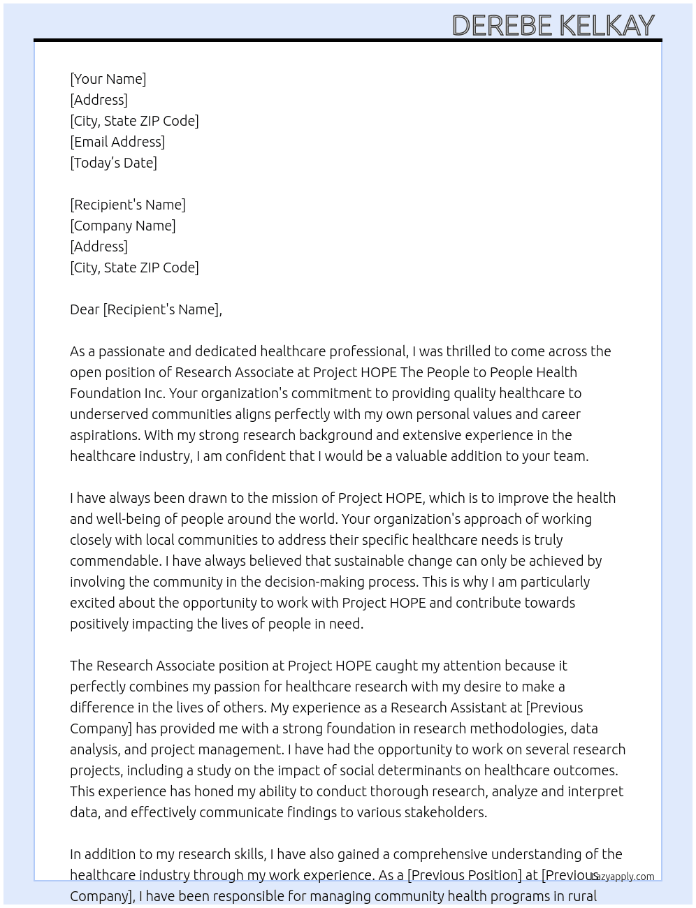Research Associate  At Project HOPE The poeple to people health foundation Inc. Cover Letter