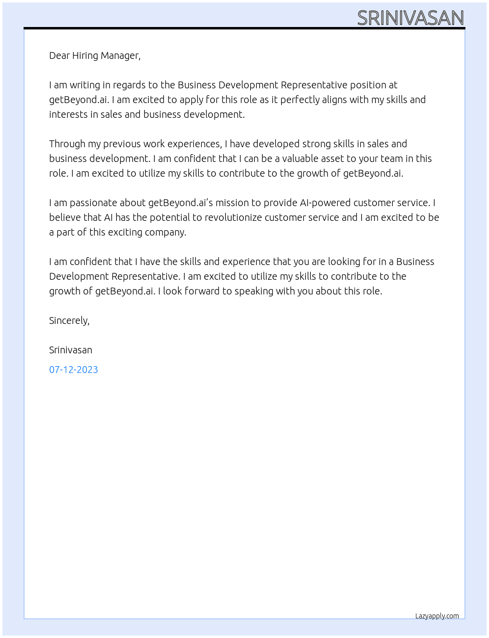 BUSINESS DEVELOPMENT REPRESENTATIVE At getBeyond.ai Cover Letter