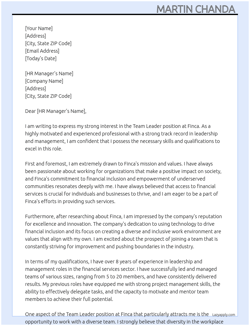 Team leader  At Finca Cover Letter