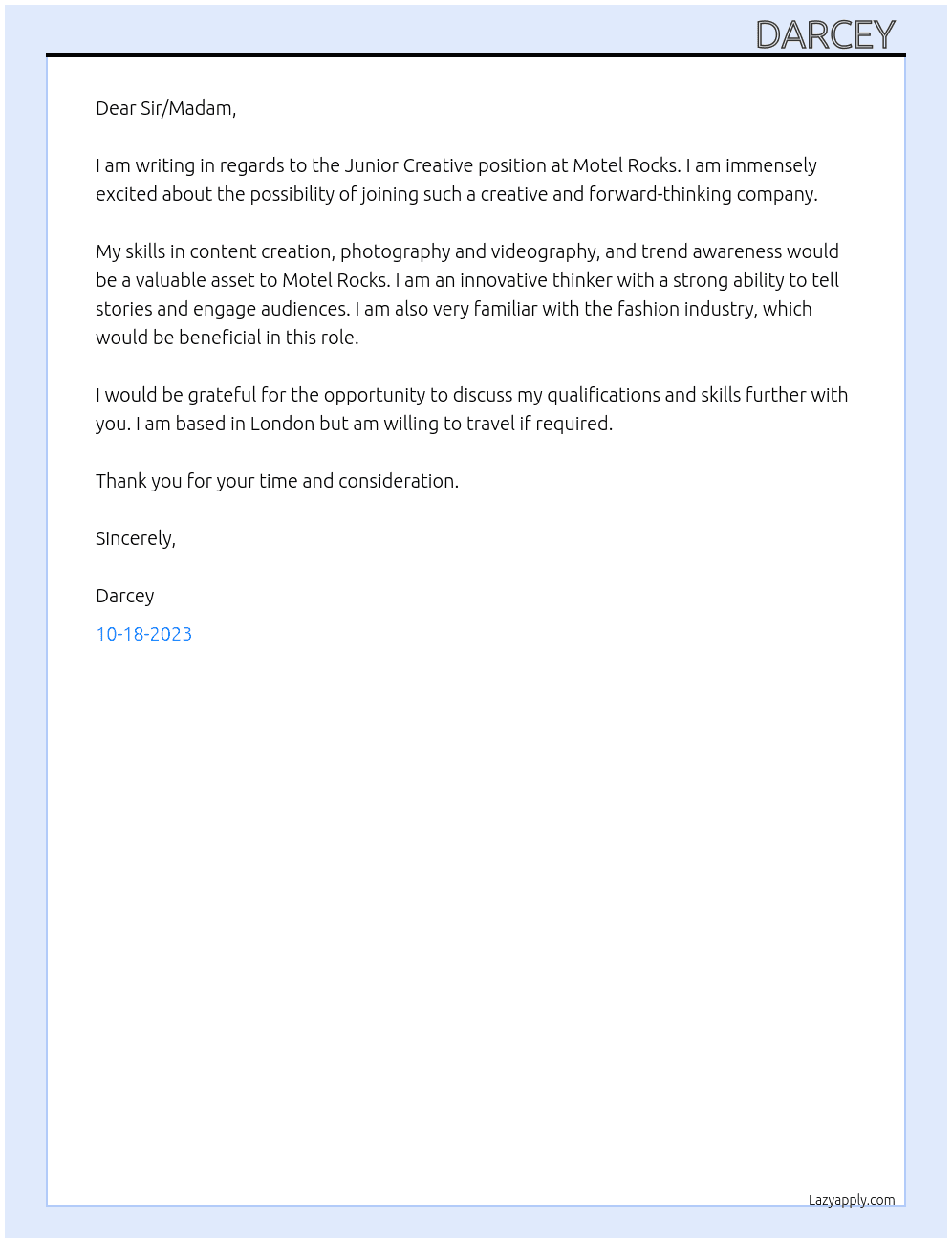 Junior creative  At Motel rocks  Cover Letter