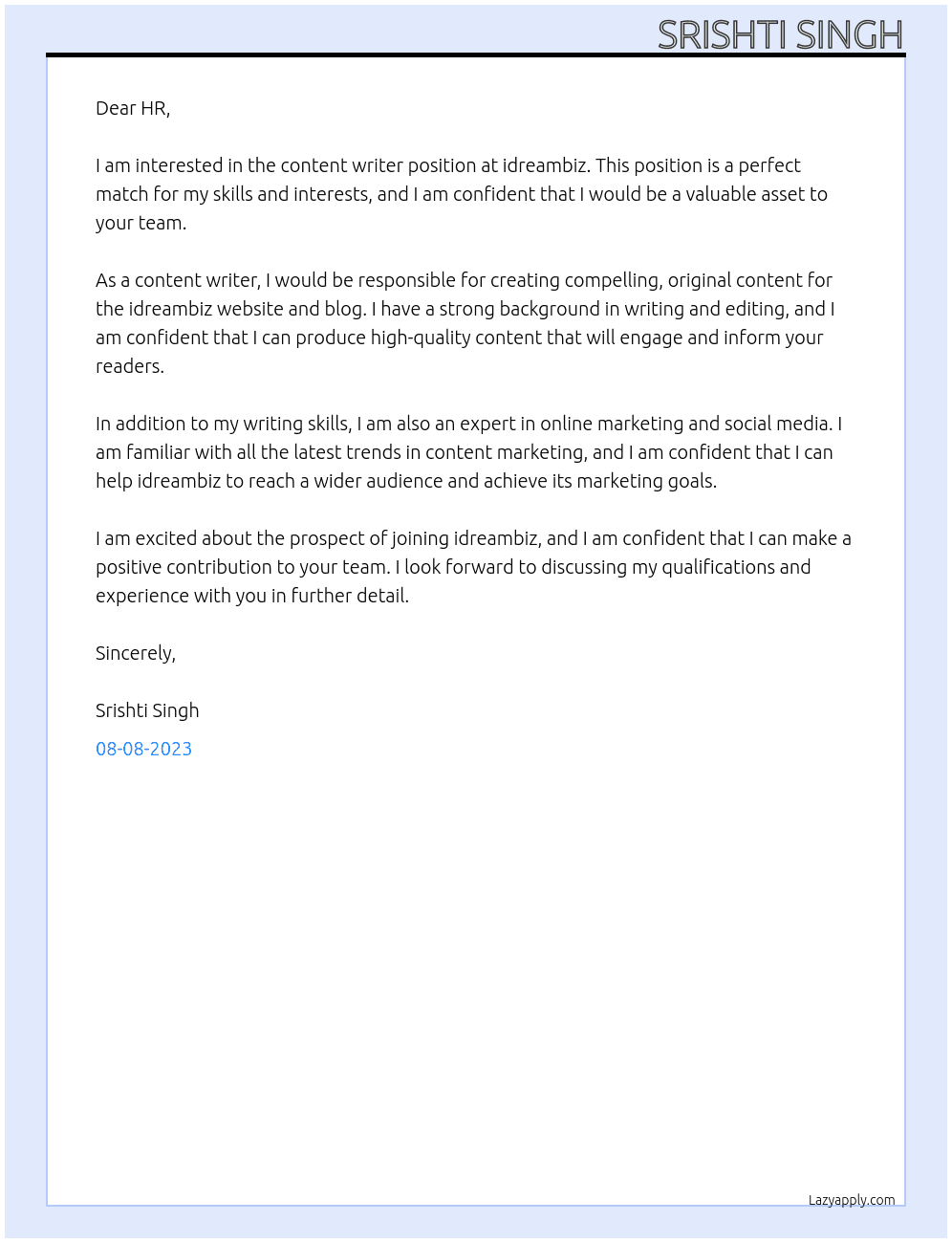 Content Writer At idreambiz Cover Letter