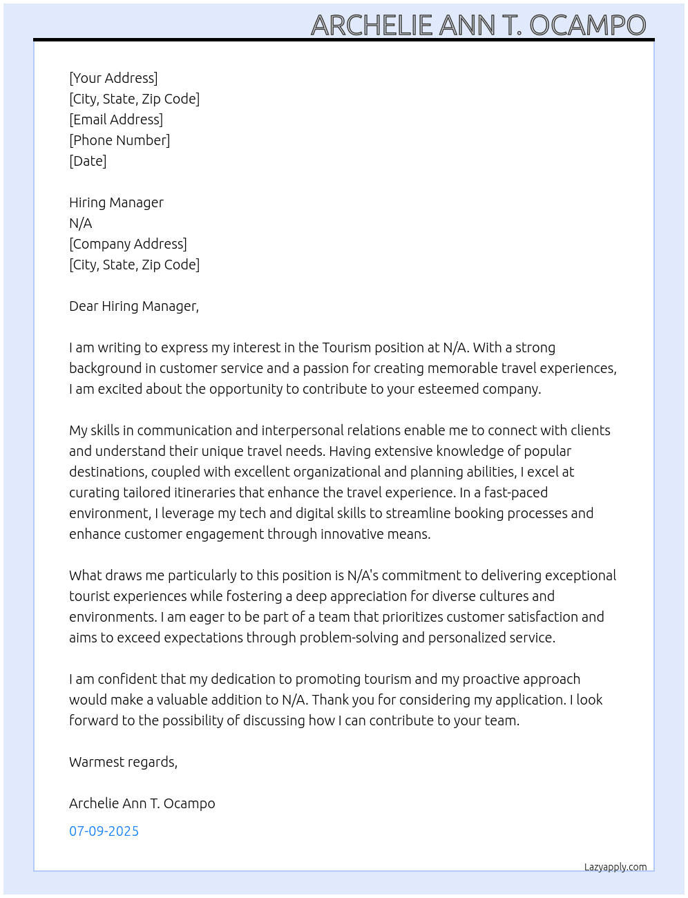 Tourism  At N/A Cover Letter