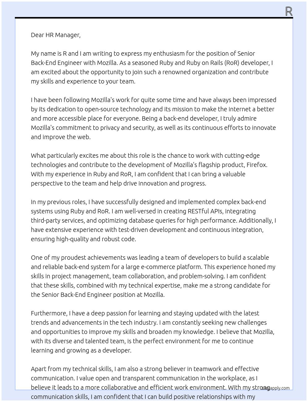 Senior Back-End Engineer - Ruby and Ruby on Rails (RoR) At Mozilla Cover Letter