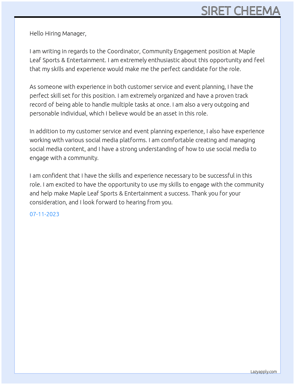 Coordinator, Community Engagement At Maple Leaf Sports & Entertainment Cover Letter