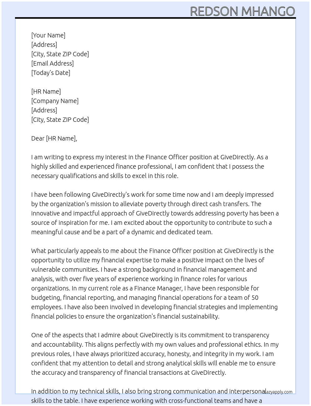 Finance Officer At GiveDirectly Cover Letter