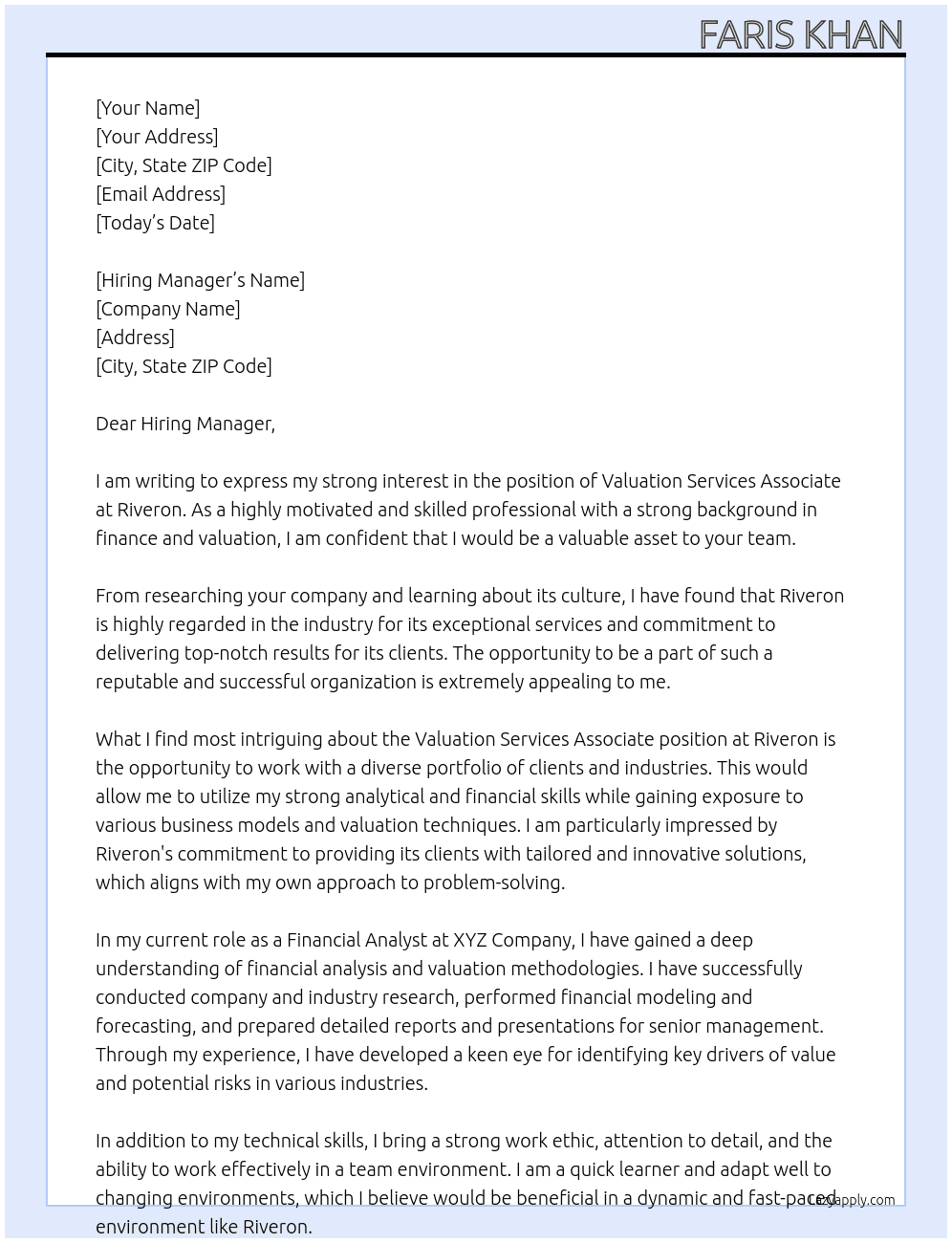 Valuation Services - Associate  At Riveron Cover Letter