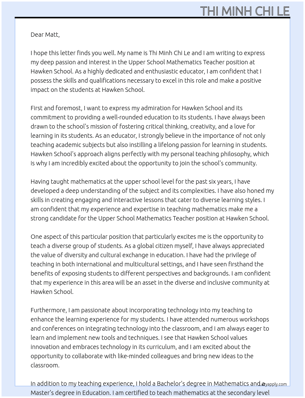 Upper School Mathematics Teacher At Hawken School Cover Letter