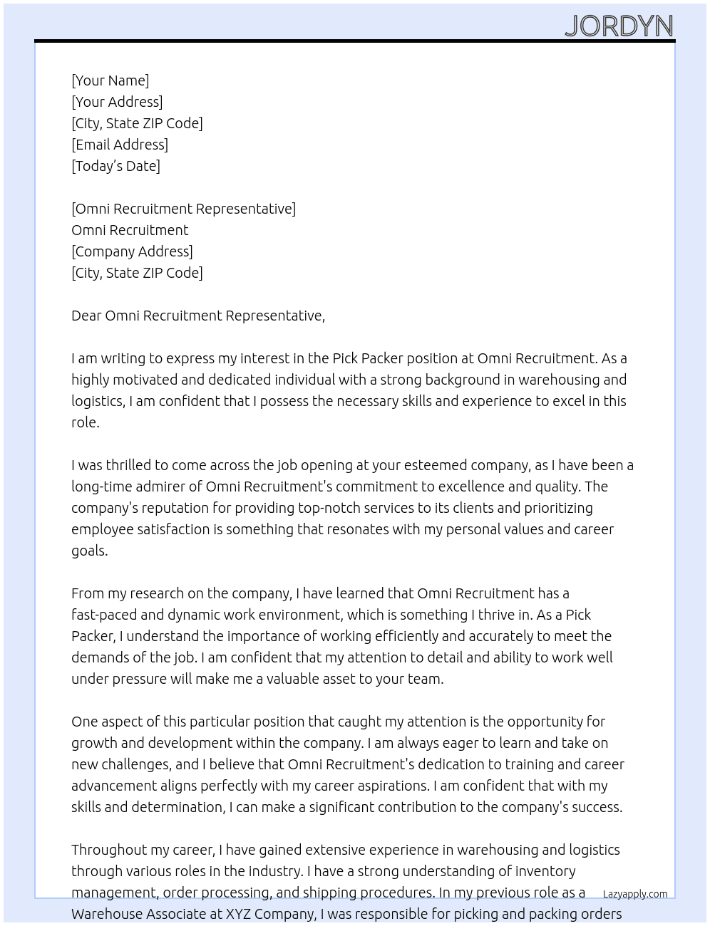 Pick Packer At Omni Recruitment Cover Letter