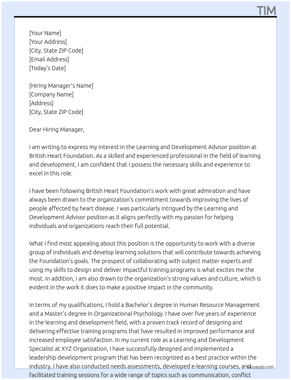 Learning and Development Advisor At British Heart Foundation Cover Letter